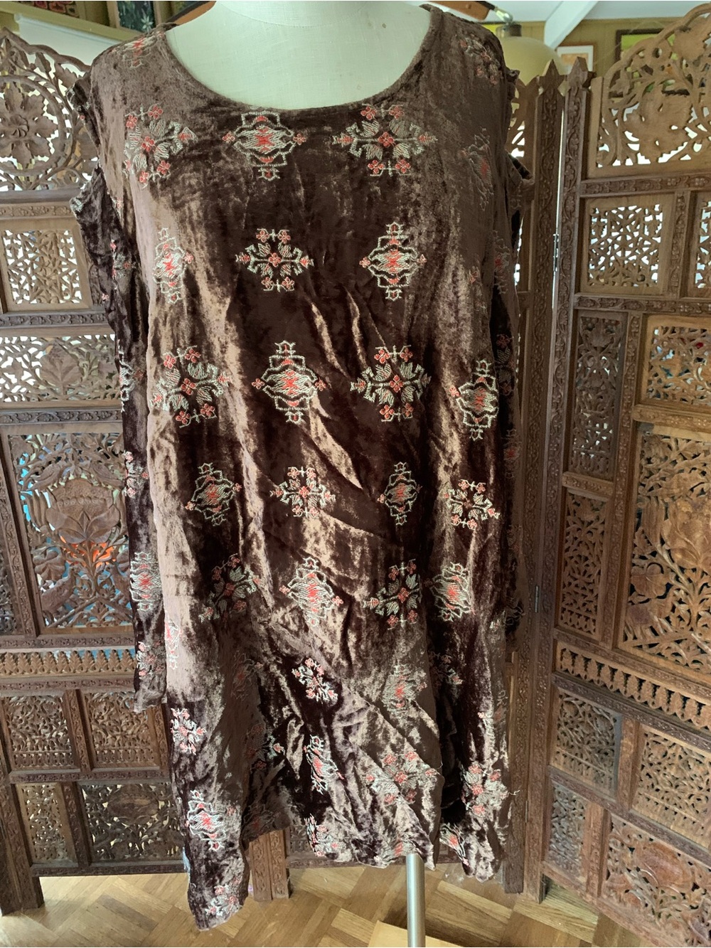 Sharon Young Brown Velvet Embroidered Tunic Dress with Embroidered Accents